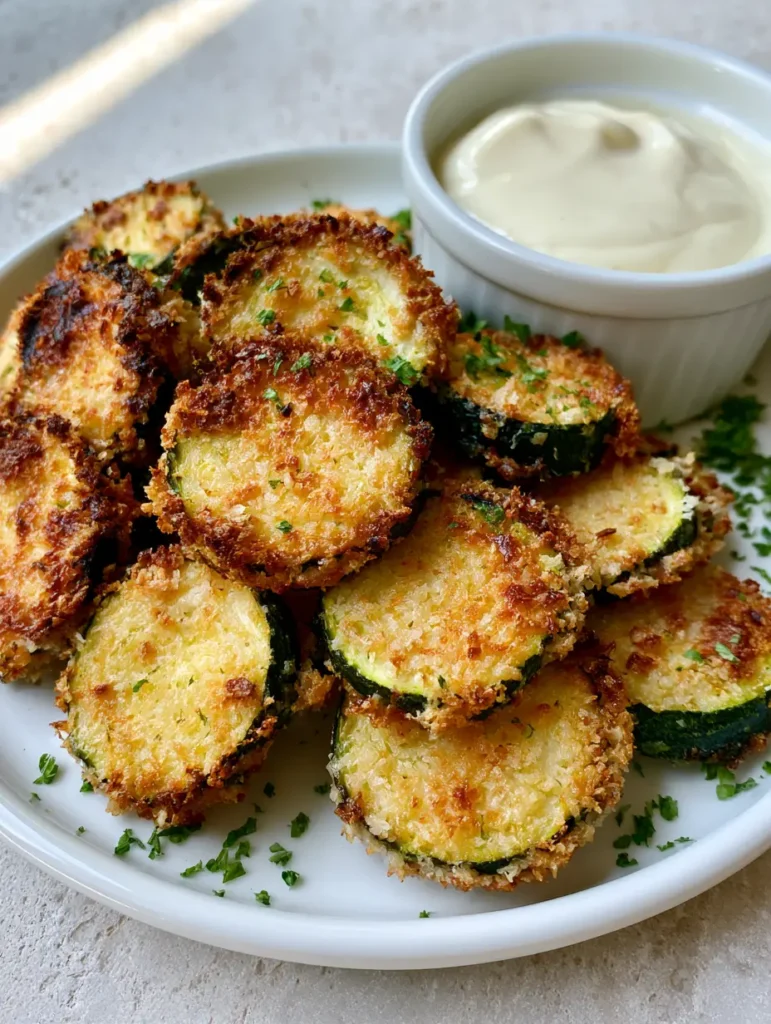 Close up view of Air Fryer Zucchini Bites showing charred breadcrumb edges and fresh finely chopped parsley garnish.