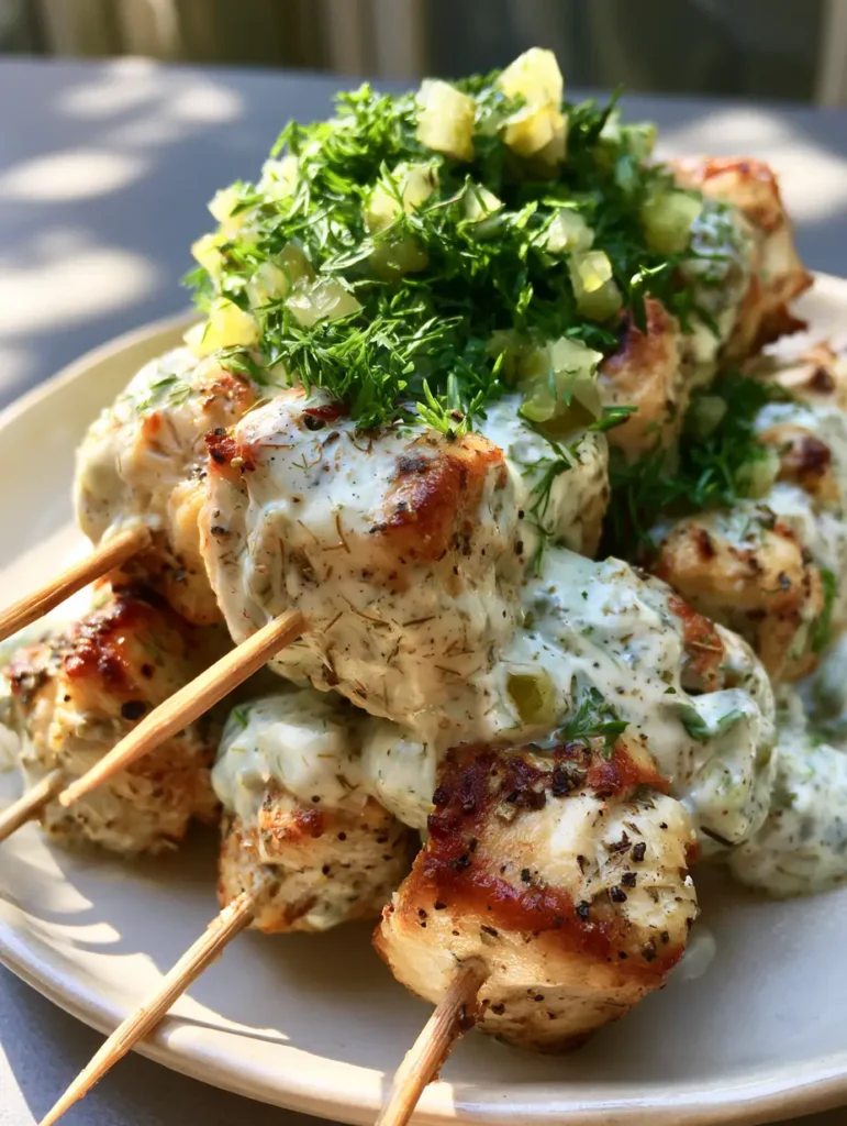 Dill Pickle Chicken Skewers heavily garnished with fresh chopped dill and tiny pieces of diced pickles on an off-white plate.