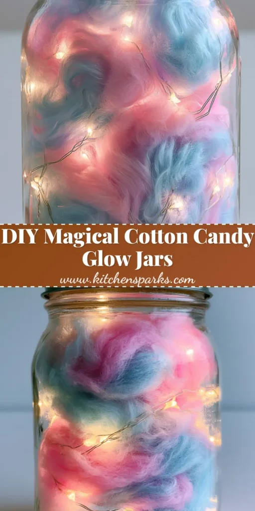 DIY Cotton Candy Glow Jars: How to Make Whimsical Mason Jar Lights 4 A whimsical DIY Cotton Candy Glow Jar with layers of pink and blue cotton batting illuminated by fairy lights inside a mason jar with a silver lid.