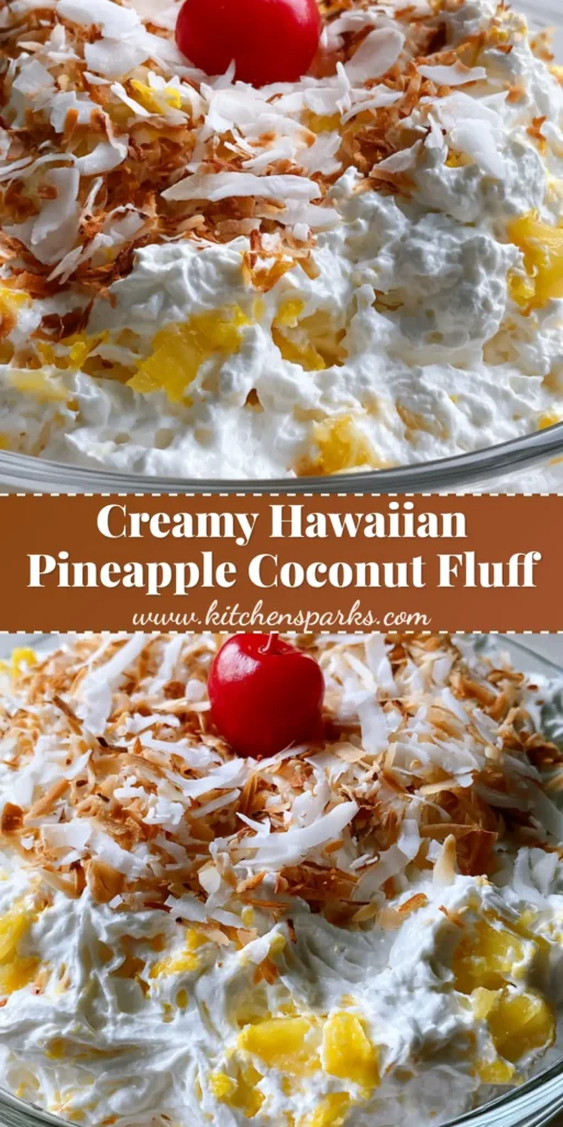 A handheld photo of Hawaiian Pineapple Coconut Fluff in a glass bowl topped with toasted coconut and a maraschino cherry on a stone counter.