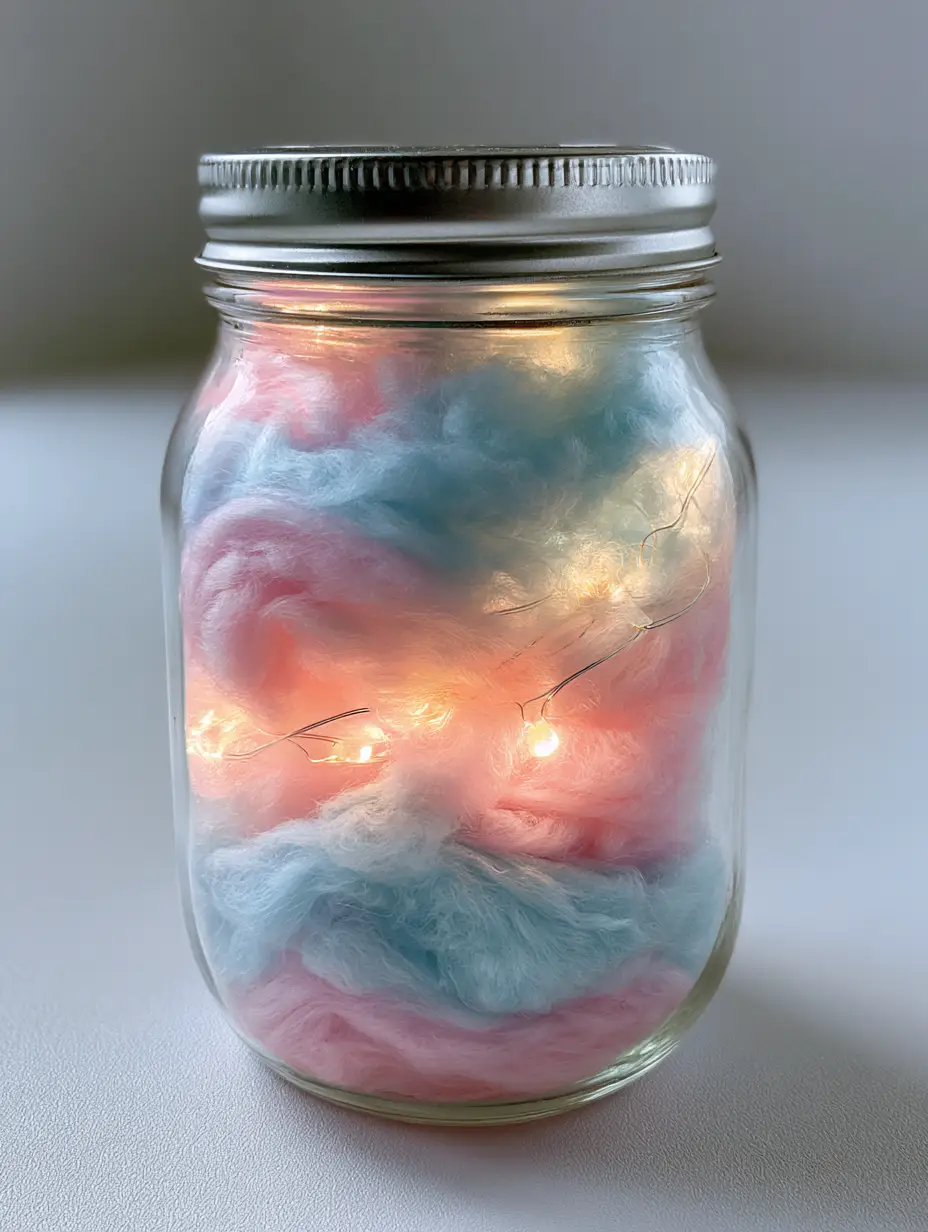 DIY Cotton Candy Glow Jars: How to Make Whimsical Mason Jar Lights 3 Close-up of a DIY Cotton Candy Glow Jar showing the intricate wispy textures of pink and blue batting and the warm LED glow.