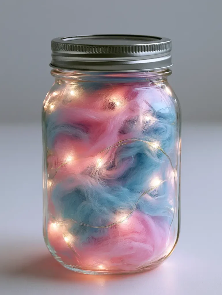 DIY Cotton Candy Glow Jars: How to Make Whimsical Mason Jar Lights 1 A side view of the DIY Cotton Candy Glow Jar against a neutral background, highlighting the soft daylight and internal illumination.