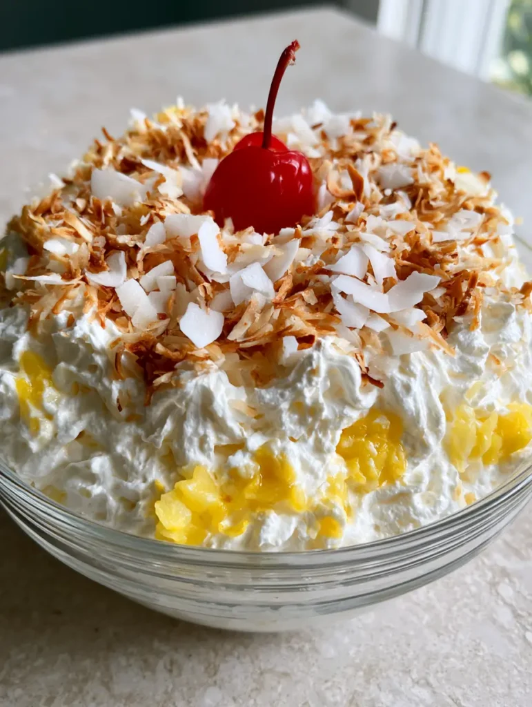 Top view of Hawaiian Pineapple Coconut Fluff showing the mix of golden-brown toasted coconut and raw white flakes with a cherry stem.