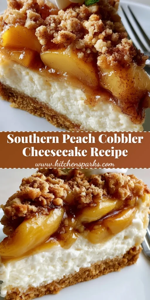 A handheld smartphone photo of a thick slice of Southern Peach Cobbler Cheesecake on a white plate with golden crumble and a mint leaf garnish.