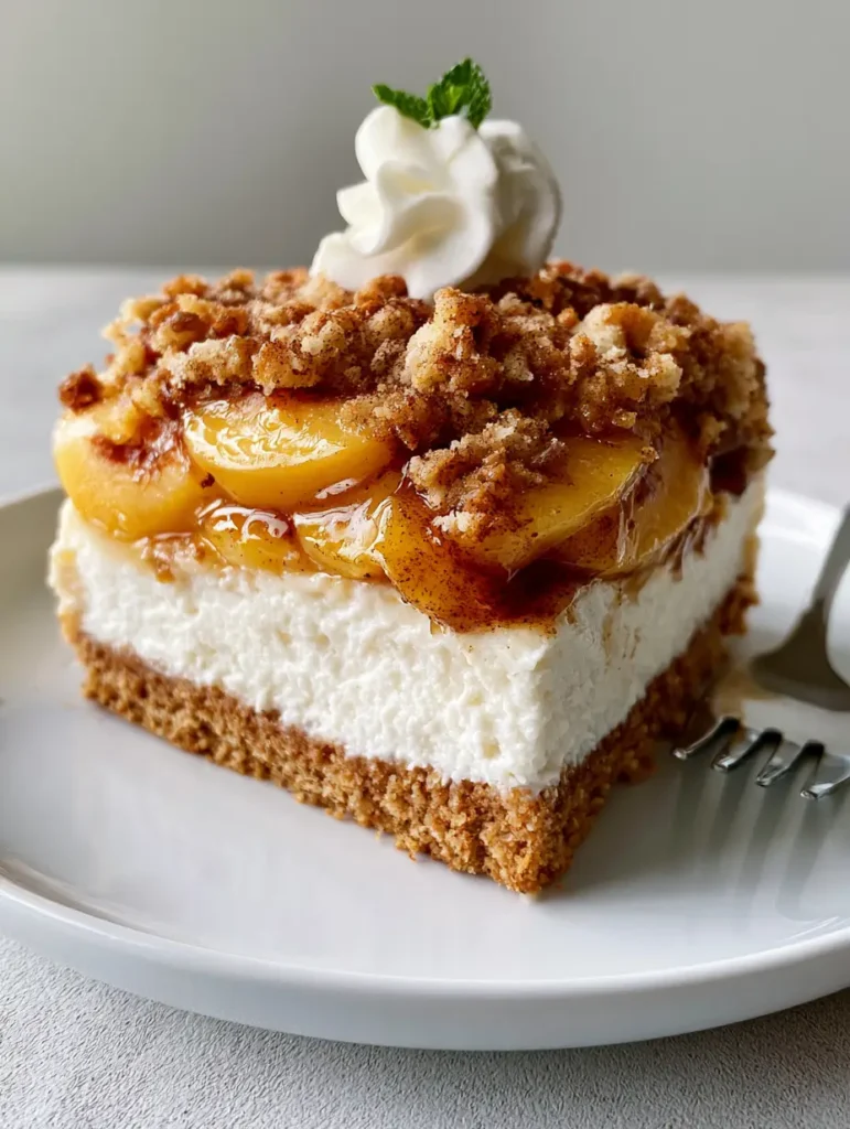 A close-up vertical shot of Southern Peach Cobbler Cheesecake showing the distinct layers of crust, cream cheese, and dark amber peach glaze.