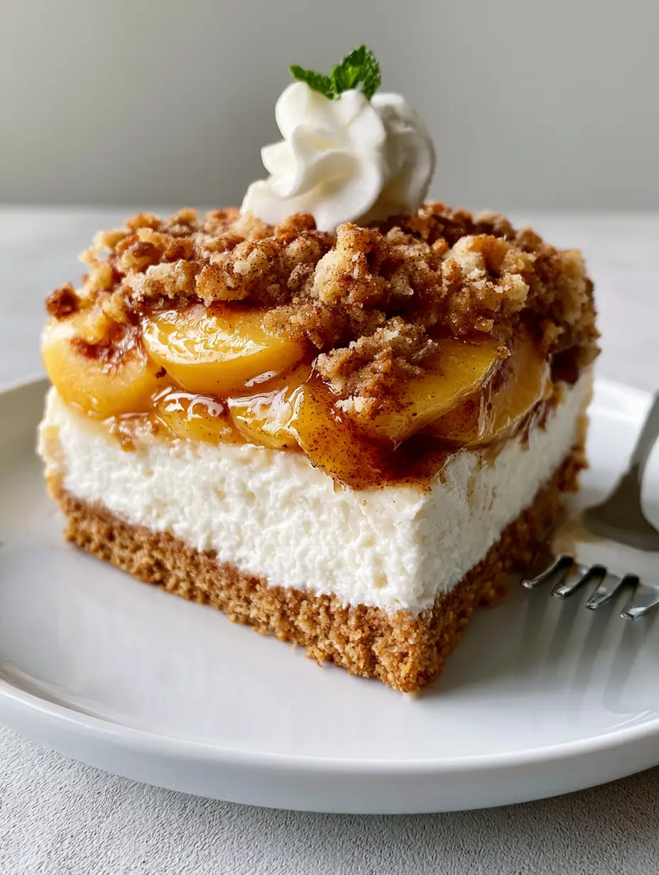 A close-up vertical shot of Southern Peach Cobbler Cheesecake showing the distinct layers of crust, cream cheese, and dark amber peach glaze.
