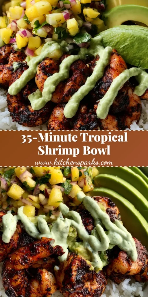 A top-down view of a Shrimp Rice Bowl with Pineapple Salsa featuring blackened shrimp, fanned avocado, and crema drizzle on a stone background.