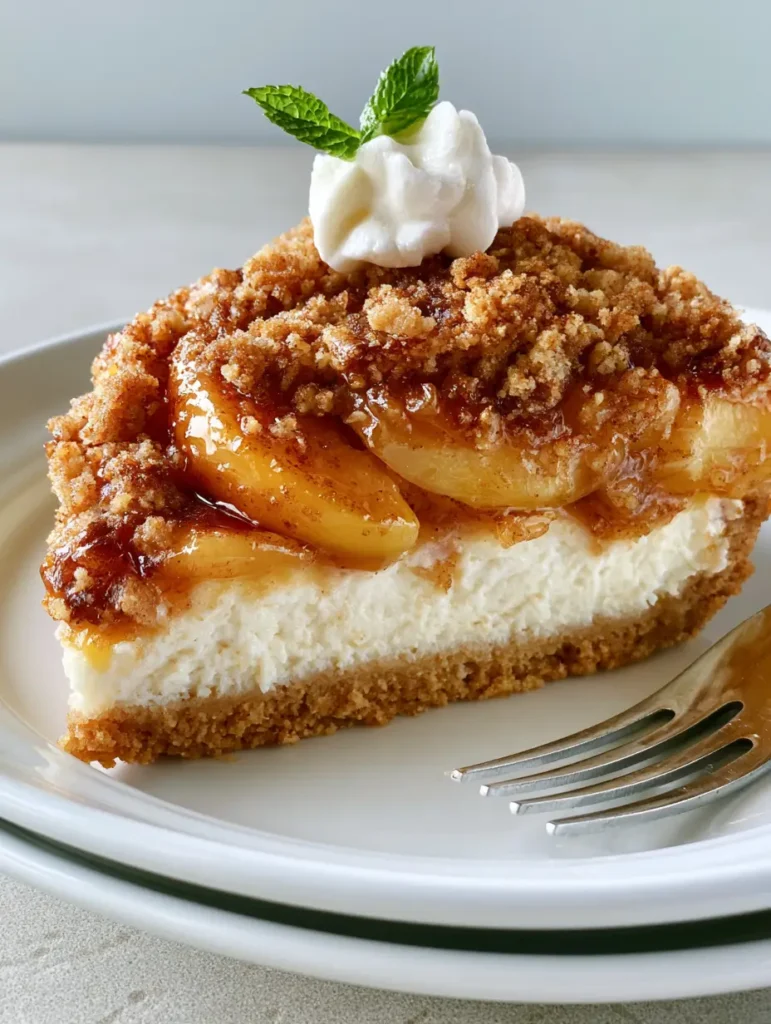 A slice of Southern Peach Cobbler Cheesecake served on a white plate with a silver fork, highlighting the golden-brown toasted crumble topping.