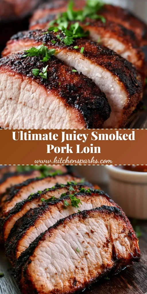 Thick slices of Smoked Pork Loin with a dark mahogany bark and juicy pink center on a wood board with a side of BBQ sauce.