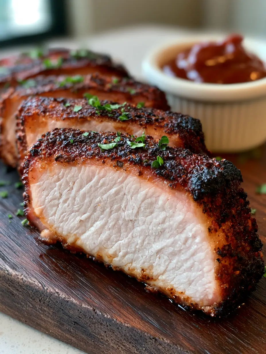 Close-up of Smoked Pork Loin slices showing glistening natural juices and finely chopped parsley garnish.