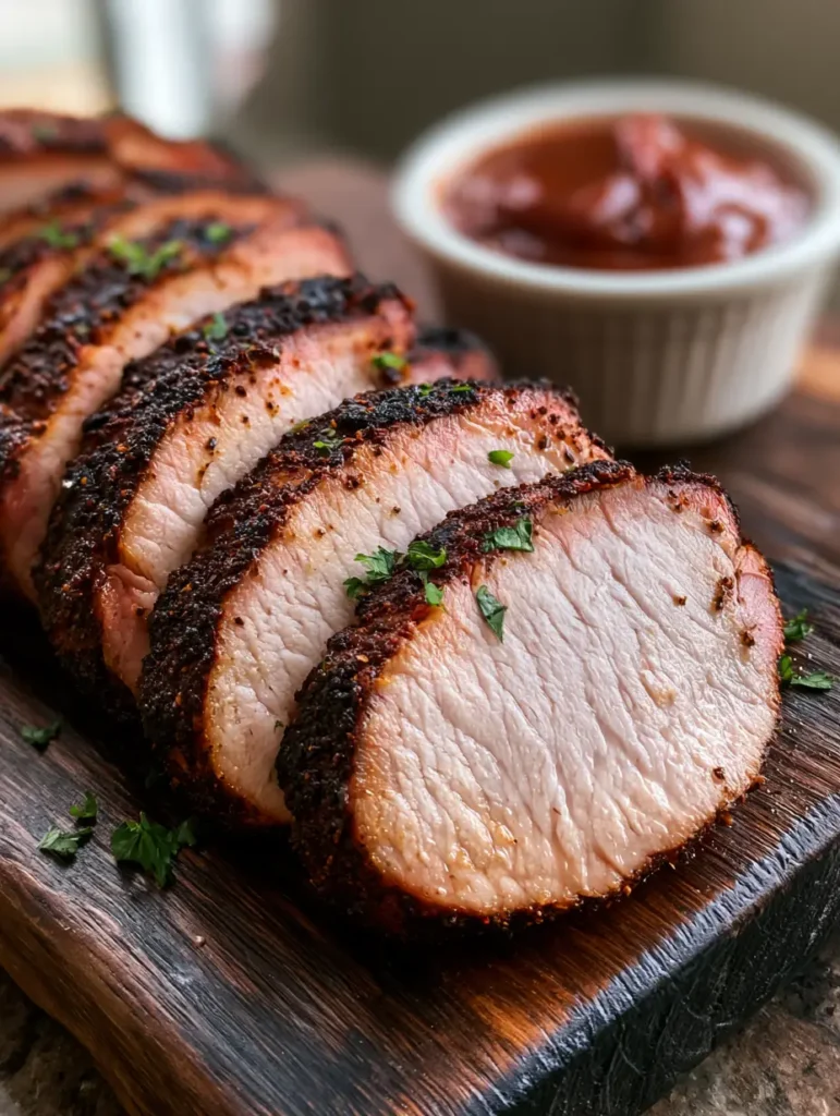 Slices of Smoked Pork Loin arranged on a rustic wooden board with a ramekin of thick BBQ sauce in the background.