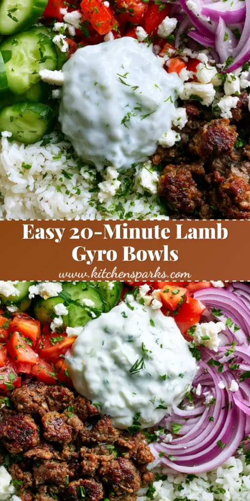 A top-down view of a shallow white ceramic bowl containing Greek Lamb Gyro Bowls with seared lamb, rice, and fresh vegetables.