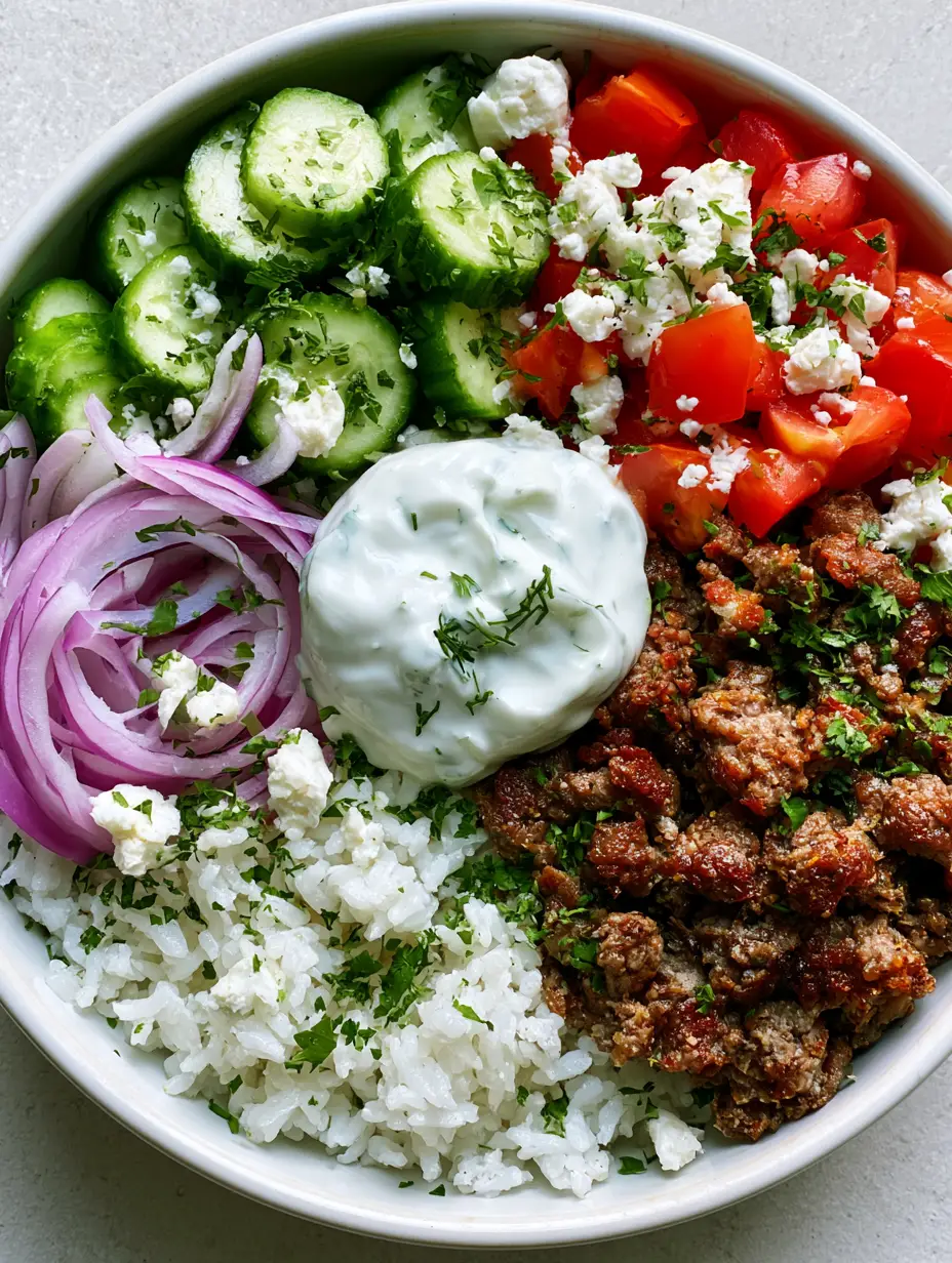 Close-up of crispy seared ground lamb crumbles and fluffy white rice in a Greek Lamb Gyro Bowl.
