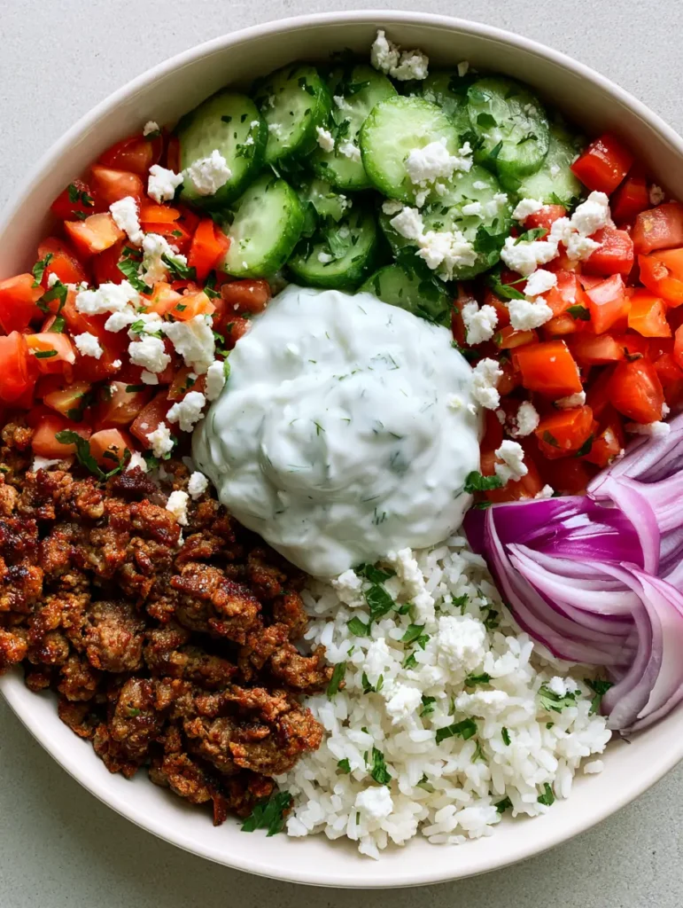 Greek Lamb Gyro Bowls featuring fresh cucumber half-moons, diced tomatoes, and red onion.
