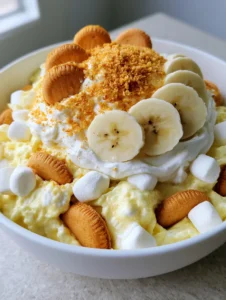 Close up of pale yellow banana pudding mousse folded with whipped cream and marshmallows. (Banana Pudding Fluff Salad)
