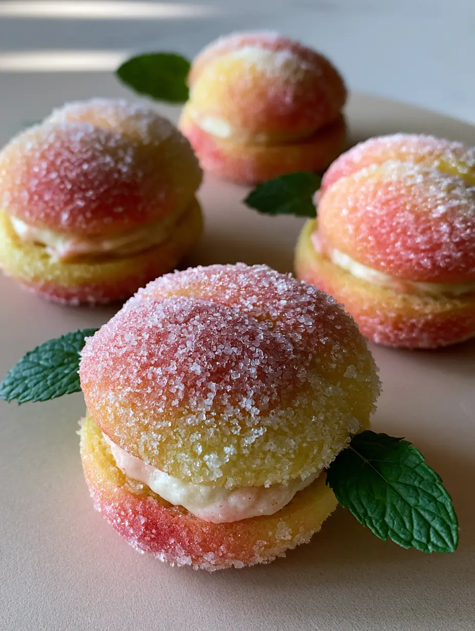 Two Italian Peach Cookies showing the soft golden-brown dome and the creamy filling sandwich center. (Italian Peach Cookies)
