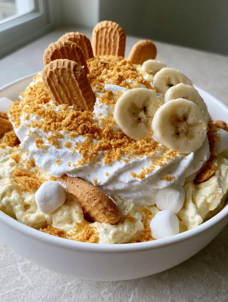 Banana Pudding Fluff Salad: The Ultimate Creamy No-Bake Dessert 1 Overhead view of Banana Pudding Fluff Salad showing crushed vanilla wafer crumbs and banana rounds.