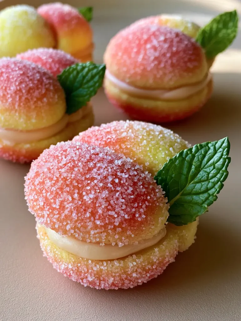 A close up view of the peach-pink and sun-kissed yellow gradient on sugar-encrusted Italian Peach Cookies. (Italian Peach Cookies)