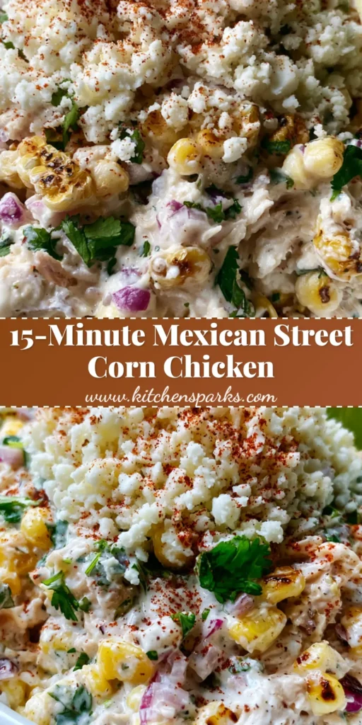 A handheld smartphone photo of a white bowl featuring Mexican Street Corn Chicken Salad with charred corn, shredded chicken, and cotija cheese.
