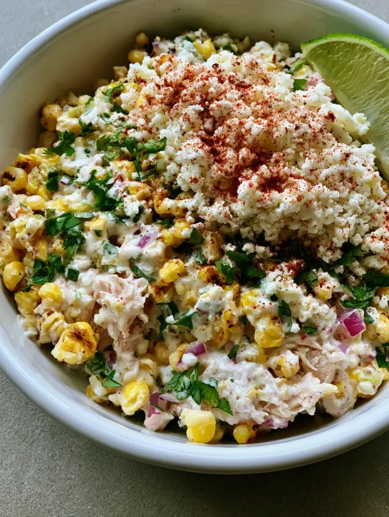 Close up shot of Mexican Street Corn Chicken Salad in a white bowl showing golden charred corn and creamy dressing.