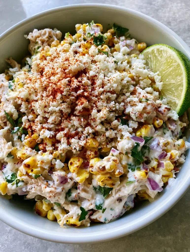 Top down view of Mexican Street Corn Chicken Salad topped with cotija cheese and chili powder dusting.