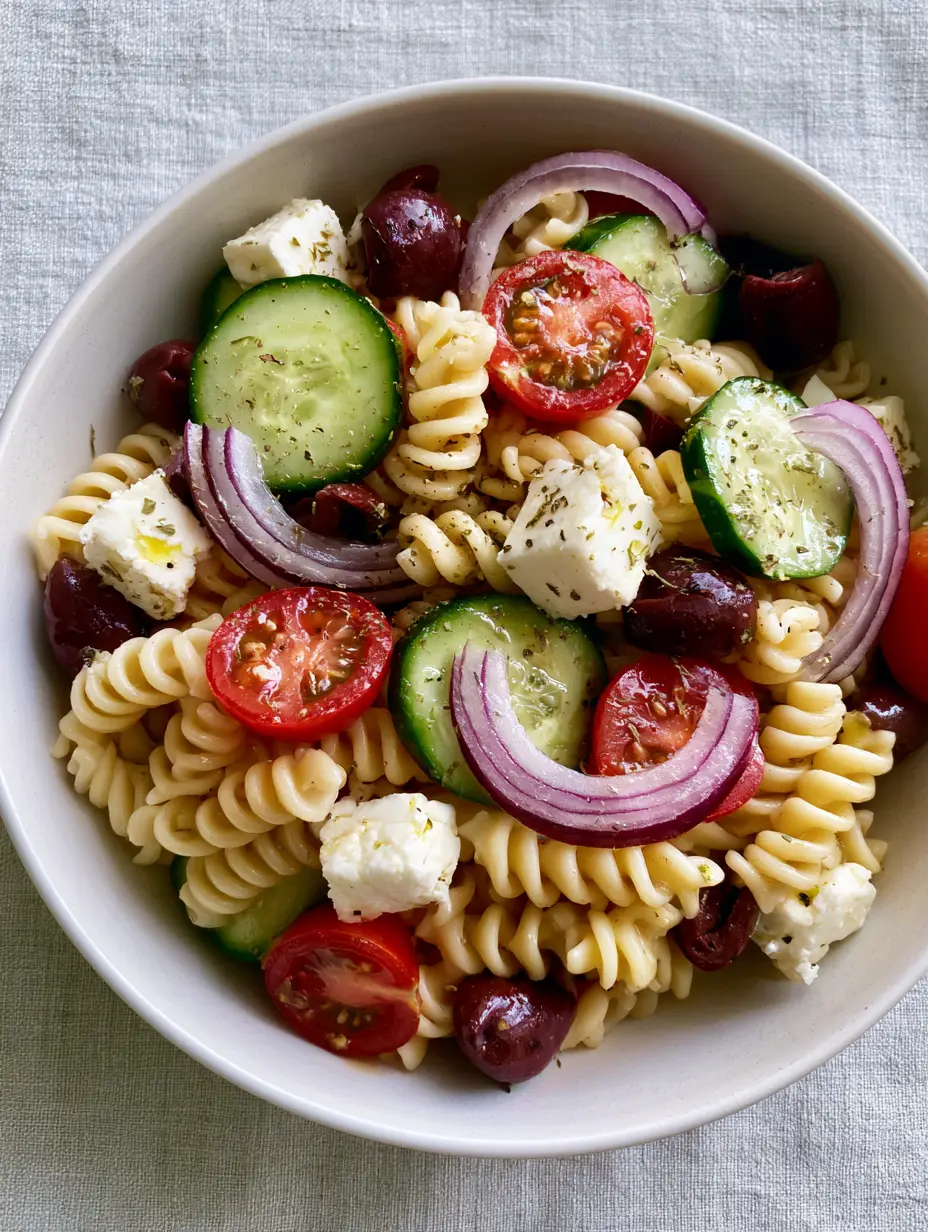 Close-up of rotini pasta coated in lemon-oregano dressing with cherry tomatoes and cucumbers. (Greek Pasta Salad)