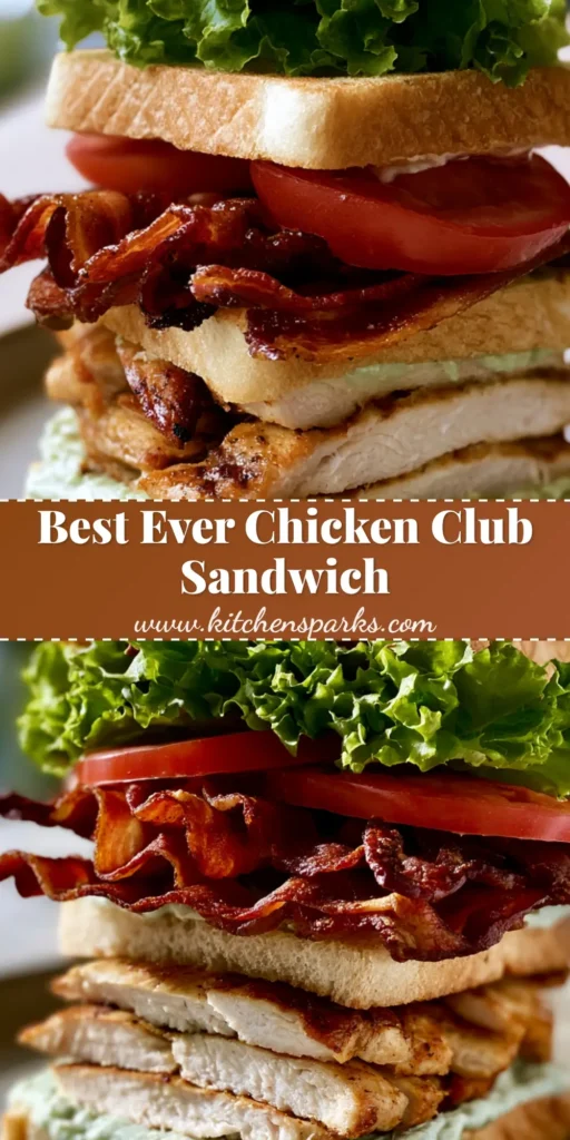 A handheld tall-stacked Chicken Club Sandwich on a white plate with three layers of toasted bread, chicken, bacon, and lettuce.