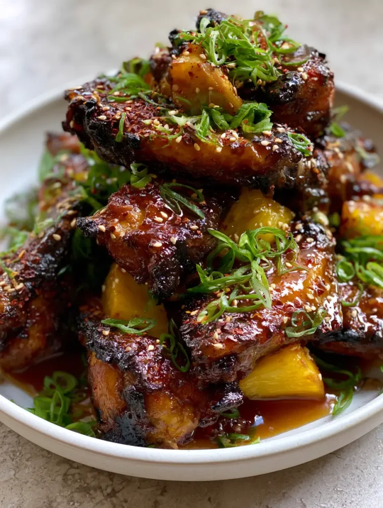 Close up of glistening Brown Sugar Pineapple Wings with pineapple chunks and sesame seeds.