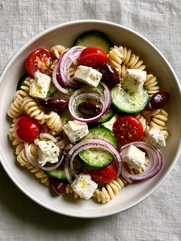 Greek Pasta Salad with Zesty Lemon Oregano Vinaigrette 1 A top-down aesthetic shot of Mediterranean pasta salad on a neutral linen background.