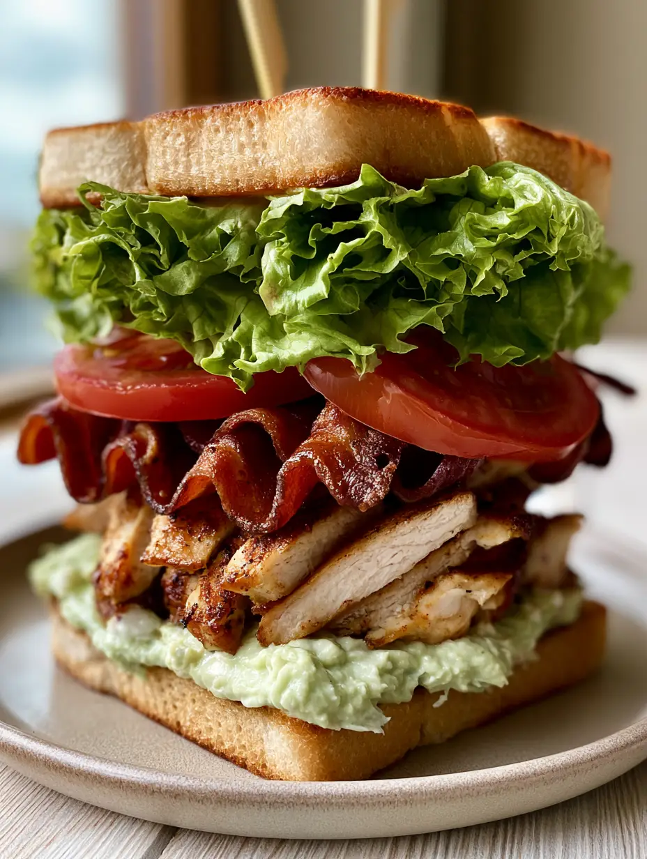 Close up view of a triple-decker Chicken Club Sandwich featuring wavy bacon and bright red tomatoes.