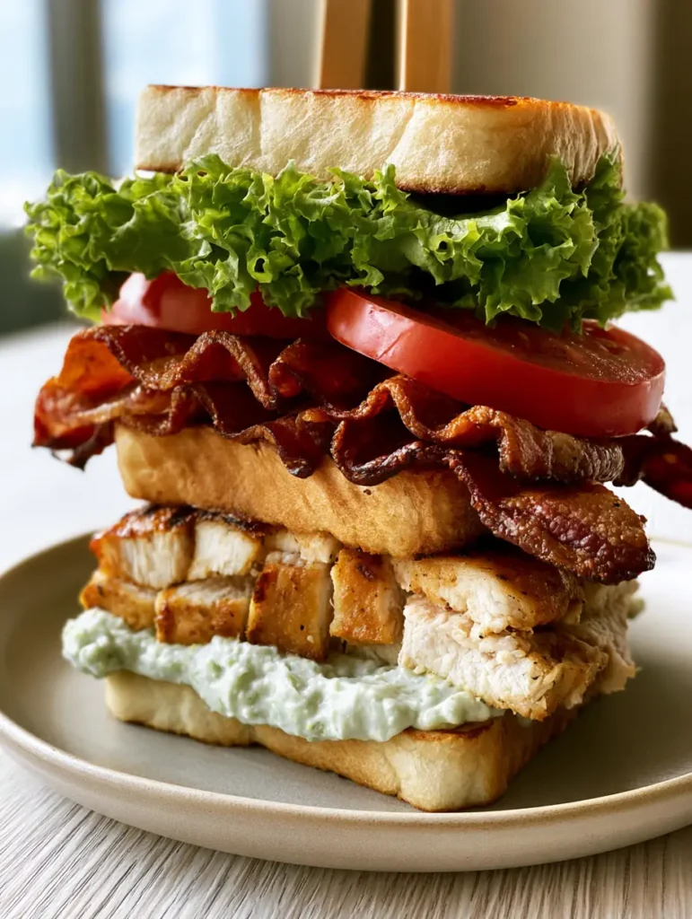 Side view of a Chicken Club Sandwich secured with wooden picks showing the thick stack of pan-seared chicken.