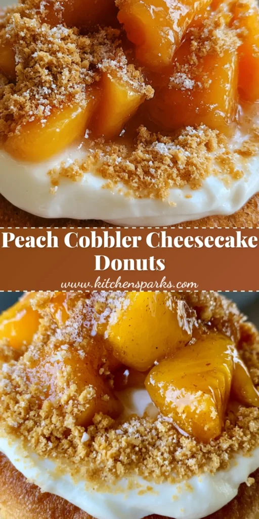 A close-up handheld photo of a Peach Cobbler Cheesecake Donut featuring golden-brown fried dough, white cream cheese frosting, and syrupy peaches.
