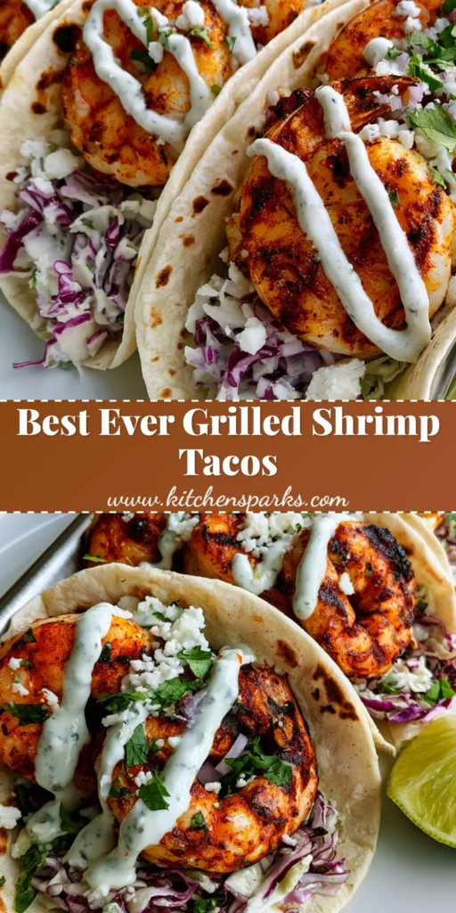 Grilled Shrimp Tacos with Zesty Lime Crema and Crunchy Slaw 4 Three Grilled Shrimp Tacos with charred corn tortillas, red and green cabbage slaw, and creamy white sauce in a stainless steel holder on a white plate.
