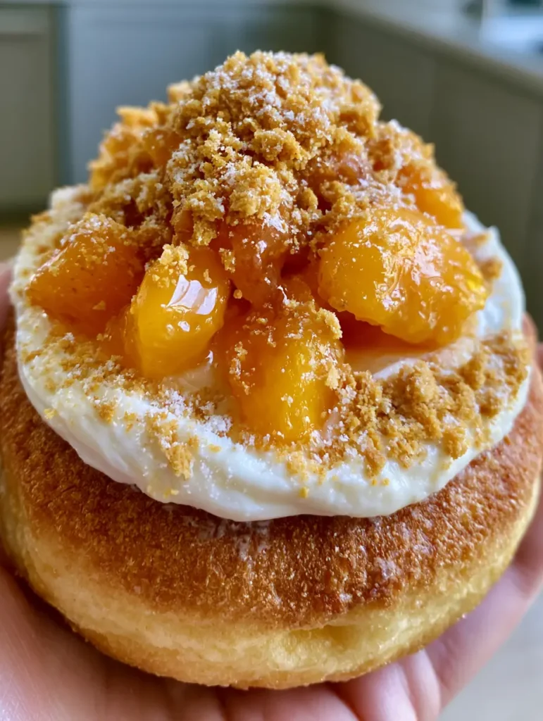 A handheld smartphone photo of a gourmet peach cobbler cheesecake donut with vibrant orange peaches and glistening honey glaze.