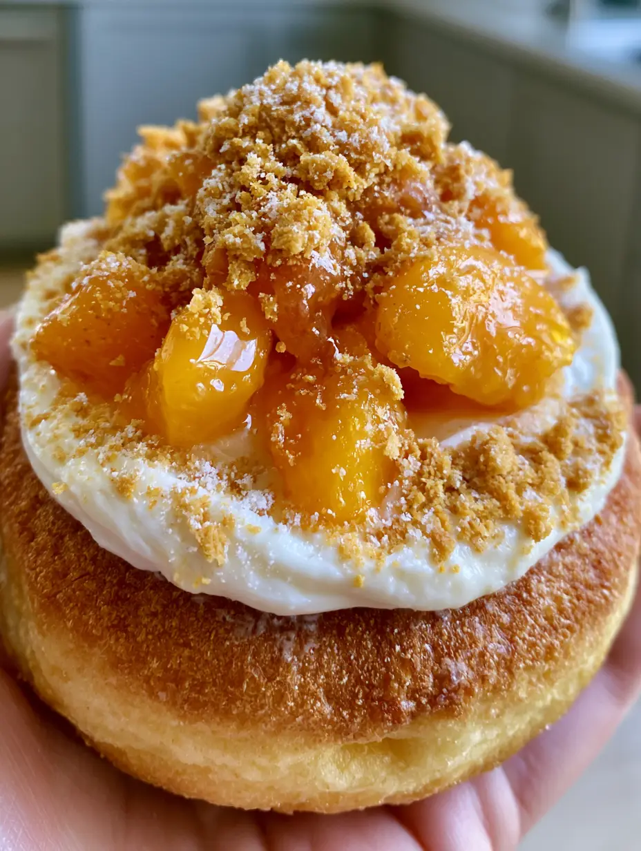 A handheld smartphone photo of a gourmet peach cobbler cheesecake donut with vibrant orange peaches and glistening honey glaze.