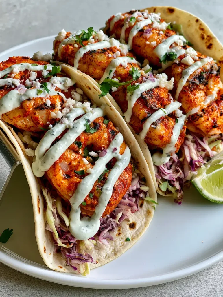 Home 6 Close-up of Grilled Shrimp Tacos showing the dark orange spice rub, visible grill marks, and shredded red and green cabbage.