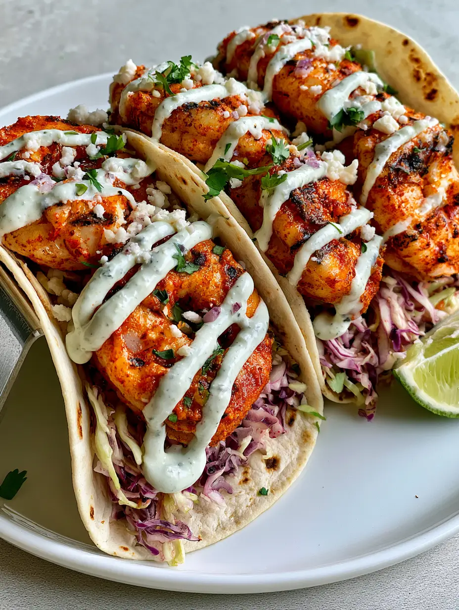 Grilled Shrimp Tacos with Zesty Lime Crema and Crunchy Slaw 3 Close-up of Grilled Shrimp Tacos showing the dark orange spice rub, visible grill marks, and shredded red and green cabbage.