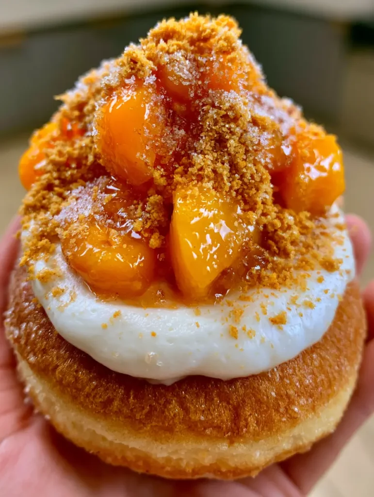 Close up of the sandy-textured graham cracker crumbs on top of a Peach Cobbler Cheesecake Donut.