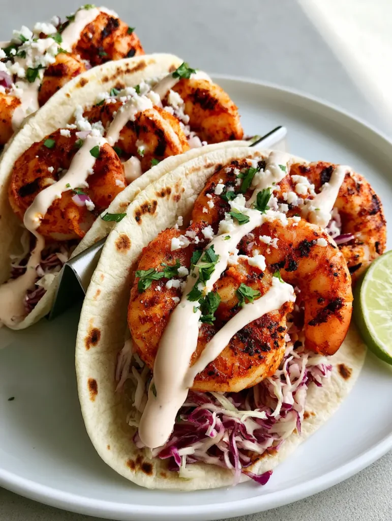Grilled Shrimp Tacos with Zesty Lime Crema and Crunchy Slaw 1 Three Grilled Shrimp Tacos arranged in a stainless steel holder on a plain white plate with a fresh lime wedge.
