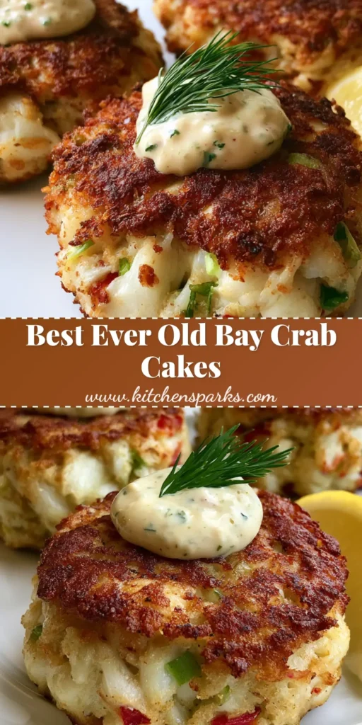 Old Bay Crab Cakes with Zesty Remoulade and Crispy Golden Crust 4 Three thick, round Old Bay Crab Cakes with a crispy golden-brown crust, topped with remoulade and fresh dill on a white plate.