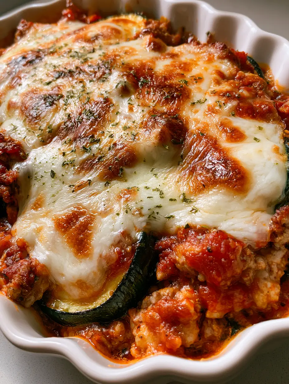 Close-up of melted mozzarella with golden-brown patches over Ground Turkey Zucchini Casserole.