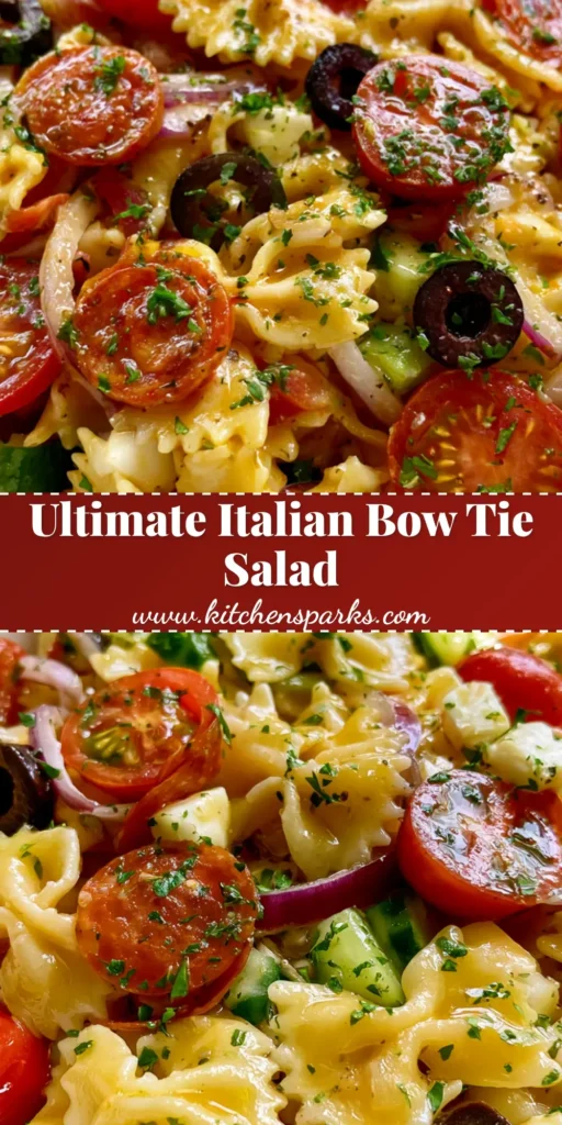 A shallow white bowl filled with glossy Italian Bow Tie Pasta Salad featuring pepperoni, mozzarella, and cucumbers on a wooden table. (Italian Bow Tie Pasta Salad)