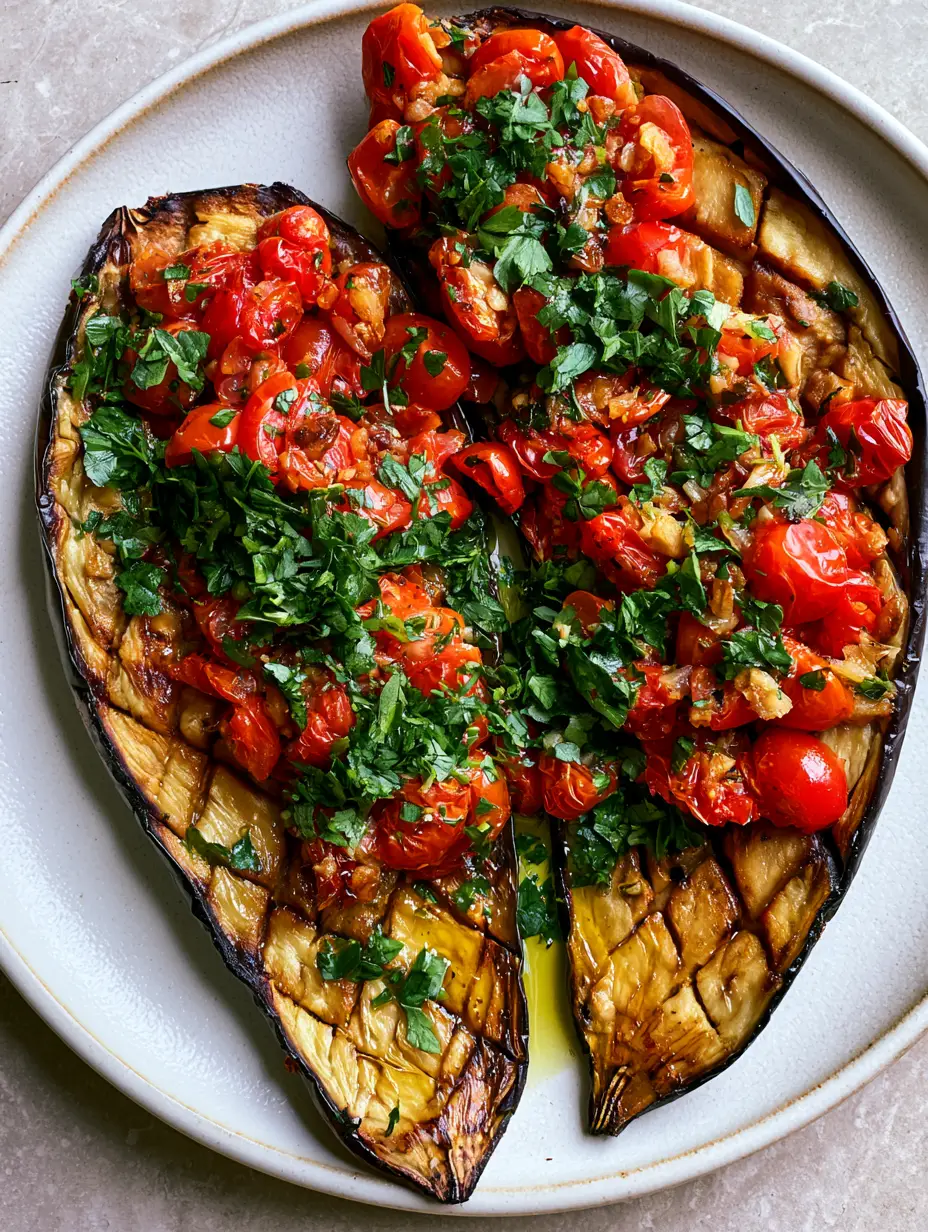 Close-up of golden brown cross-hatched Mediterranean Roasted Eggplant with charred edges and glistening olive oil.