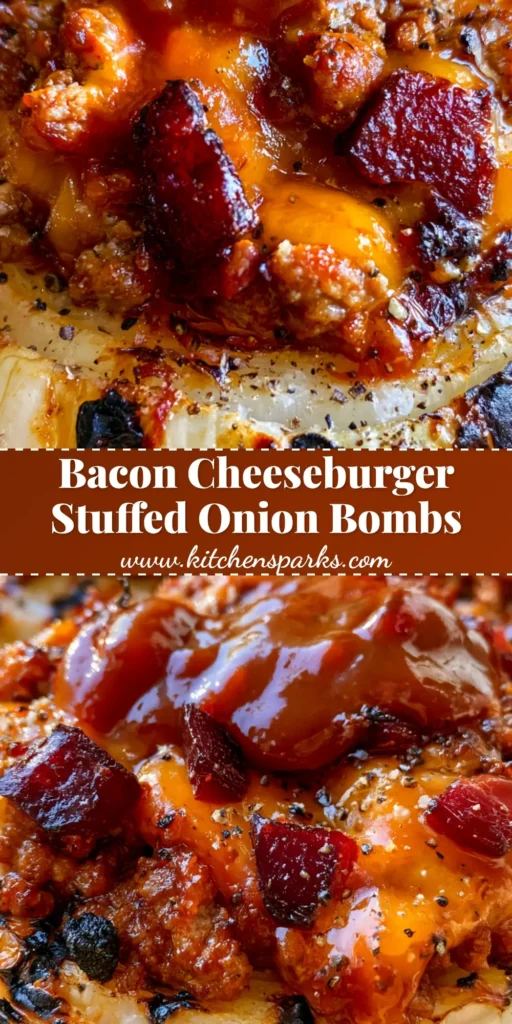 A close-up vertical shot of grilled firecracker bacon cheddar Stuffed Onion Bombs with a glossy mahogany BBQ glaze and charred onion layers.