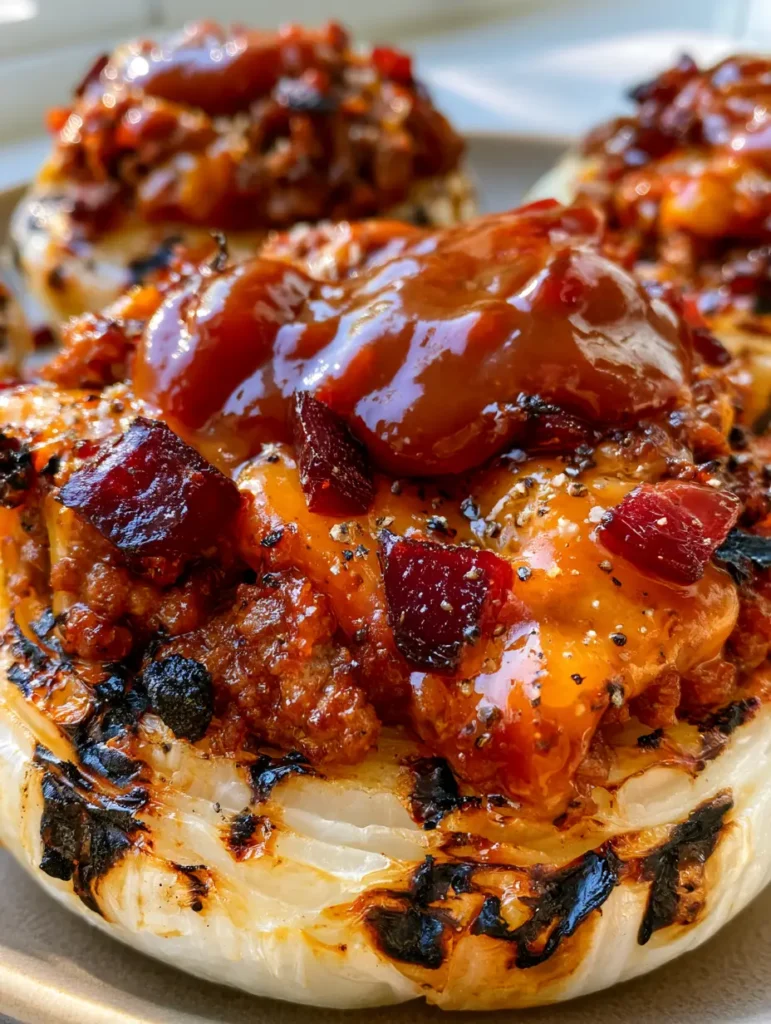 A handheld smartphone photo of Stuffed Onion Bombs showing charred white onion shells, bubbling BBQ sauce, and visible cracked black pepper.