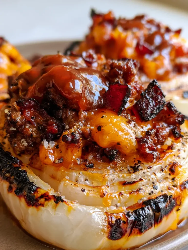 Detailed view of the Stuffed Onion Bombs filling showing browned ground beef, orange melted cheddar, and crispy bacon bits.