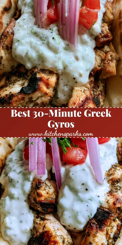 Greek Chicken Gyros with Creamy Tzatziki and Charred Pita 4 A handheld Greek chicken gyro wrapped in charred pita bread with grilled herb chicken chunks, thick tzatziki sauce, red onions, and diced tomatoes. (Greek Chicken Gyros)