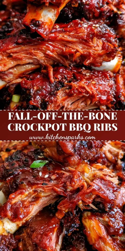 A stack of glossy Crockpot BBQ Ribs inside a slow cooker pot, garnished with scallions and sesame seeds.