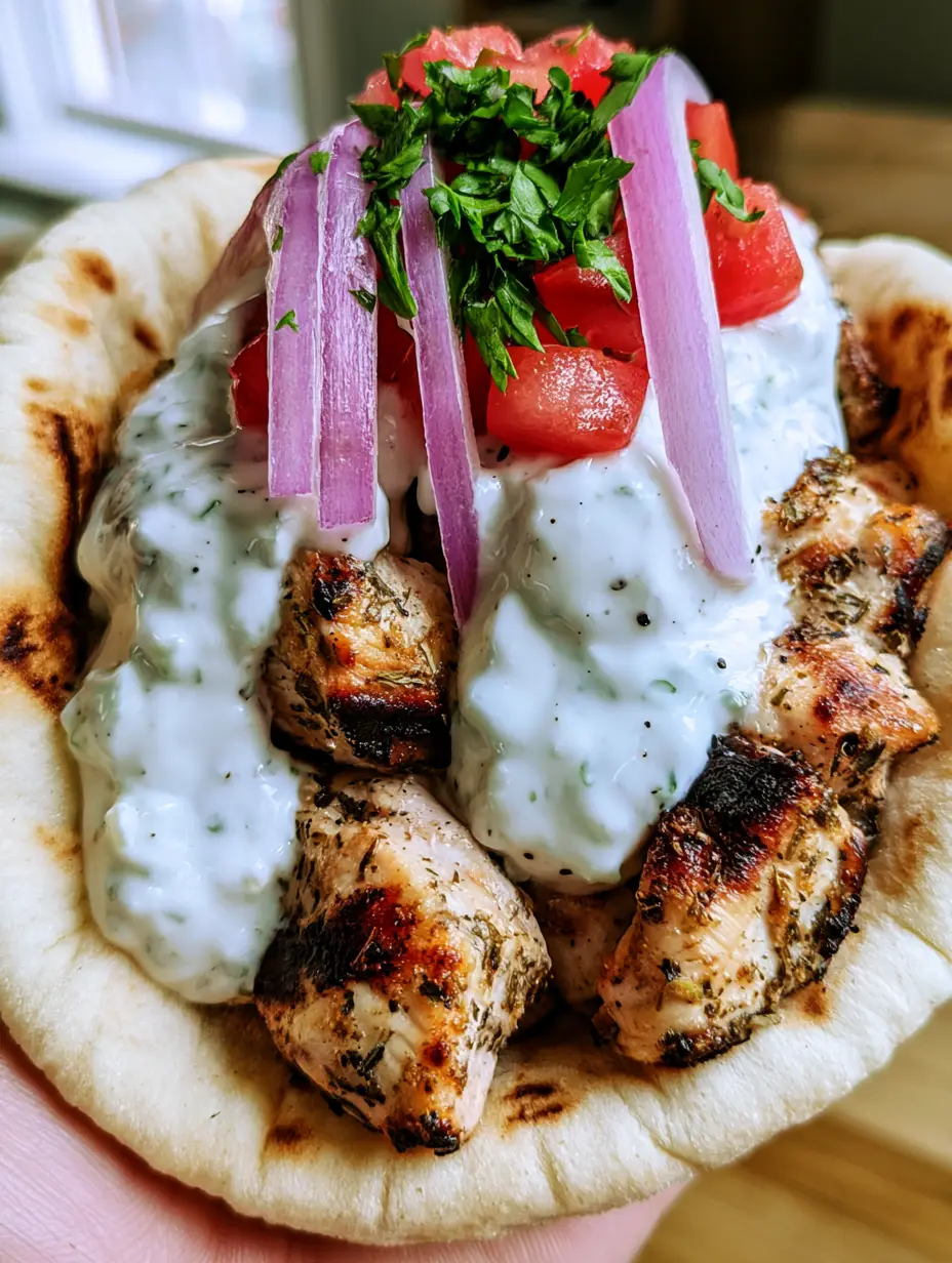 Greek Chicken Gyros with Creamy Tzatziki and Charred Pita 3 Smartphone photo of a single Greek chicken gyro held over a wooden table showing charred chicken and thick tzatziki. (Greek Chicken Gyros)