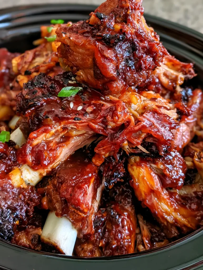 Close-up of tender pork spare ribs in a black crockpot showing meat pulling away from the bone. (Crockpot BBQ Ribs)